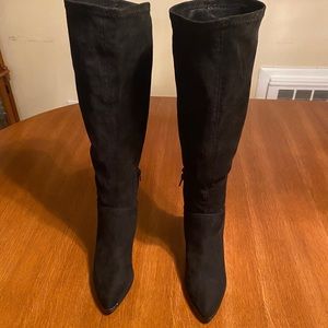 Black faux suede zip up knee-high boots